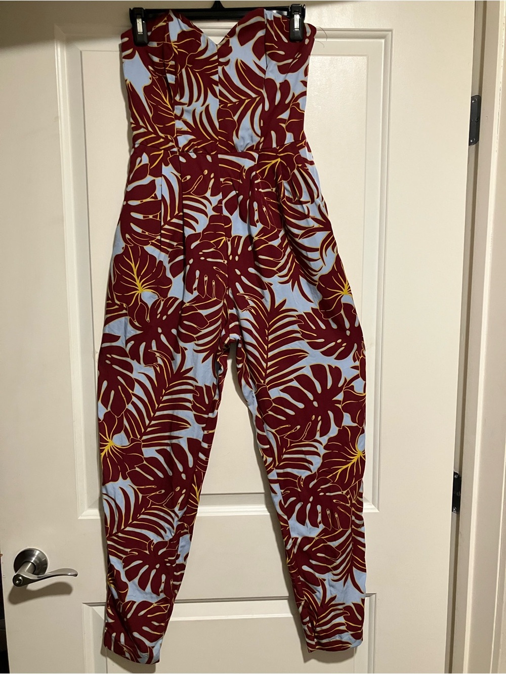 H&M Strapless Tropical Leaf Print Jumpsuit in Burgundy, Light Blue & Yellow